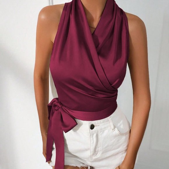 Burgundy Preppy Womens Solid Knot Side Wrap Satin Blouse - Picture 5 of 5